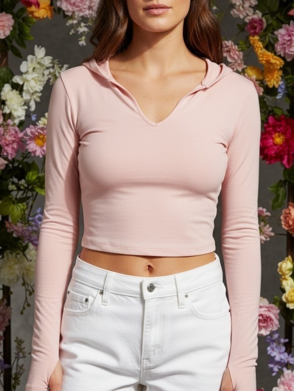 Intimately Free People Soft Rose Long-sleeve Hooded Cropped Top Thumbholes M/LG